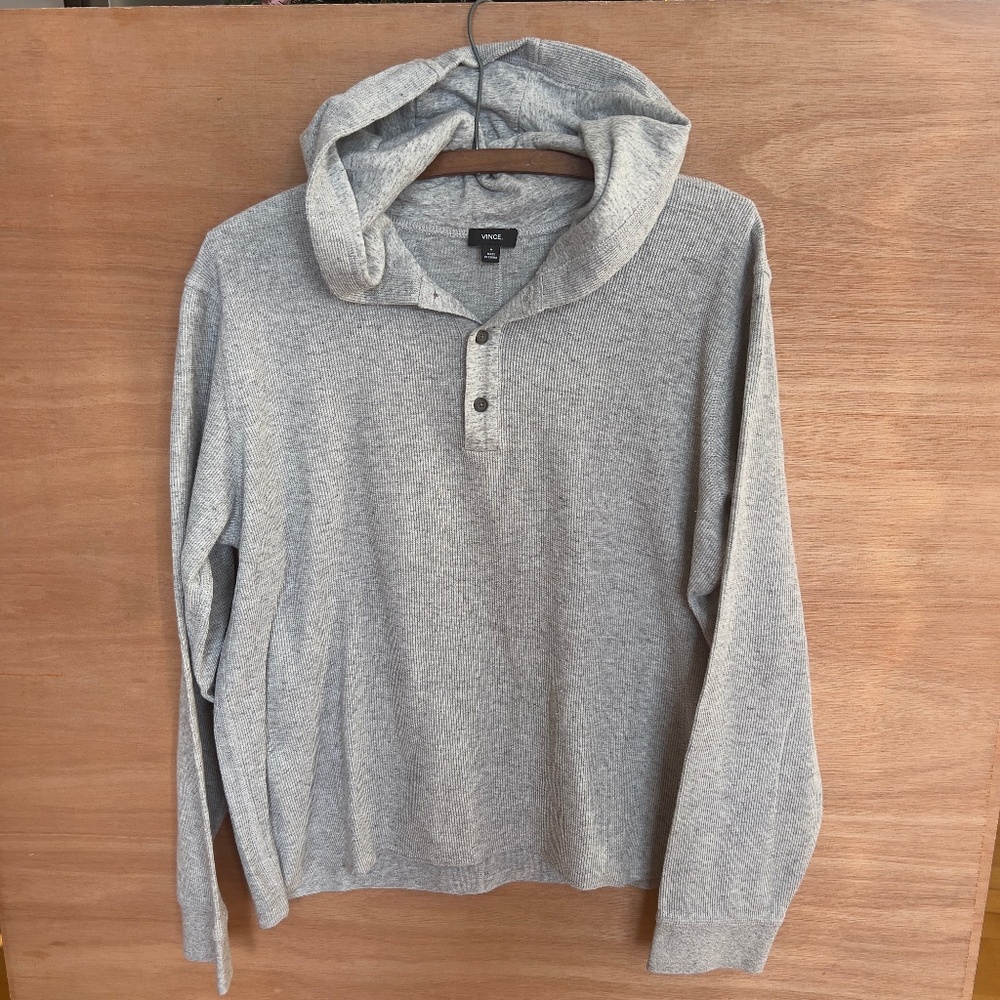 VINCE men's gray ribbed hoodie sweater size M medium cotton modal blend button